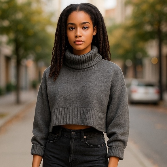 ZARA WOMAN STUDIO Cashmere Wool Blend Cropped Gray Turtleneck Sweater Sz S-L - Picture 1 of 9